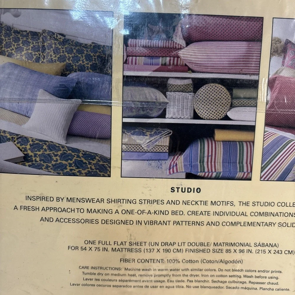 LAUREN RALPH LAUREN‎ Studio Glen Plaid Seaview Full Flat Sheet 100% Cotton Blue